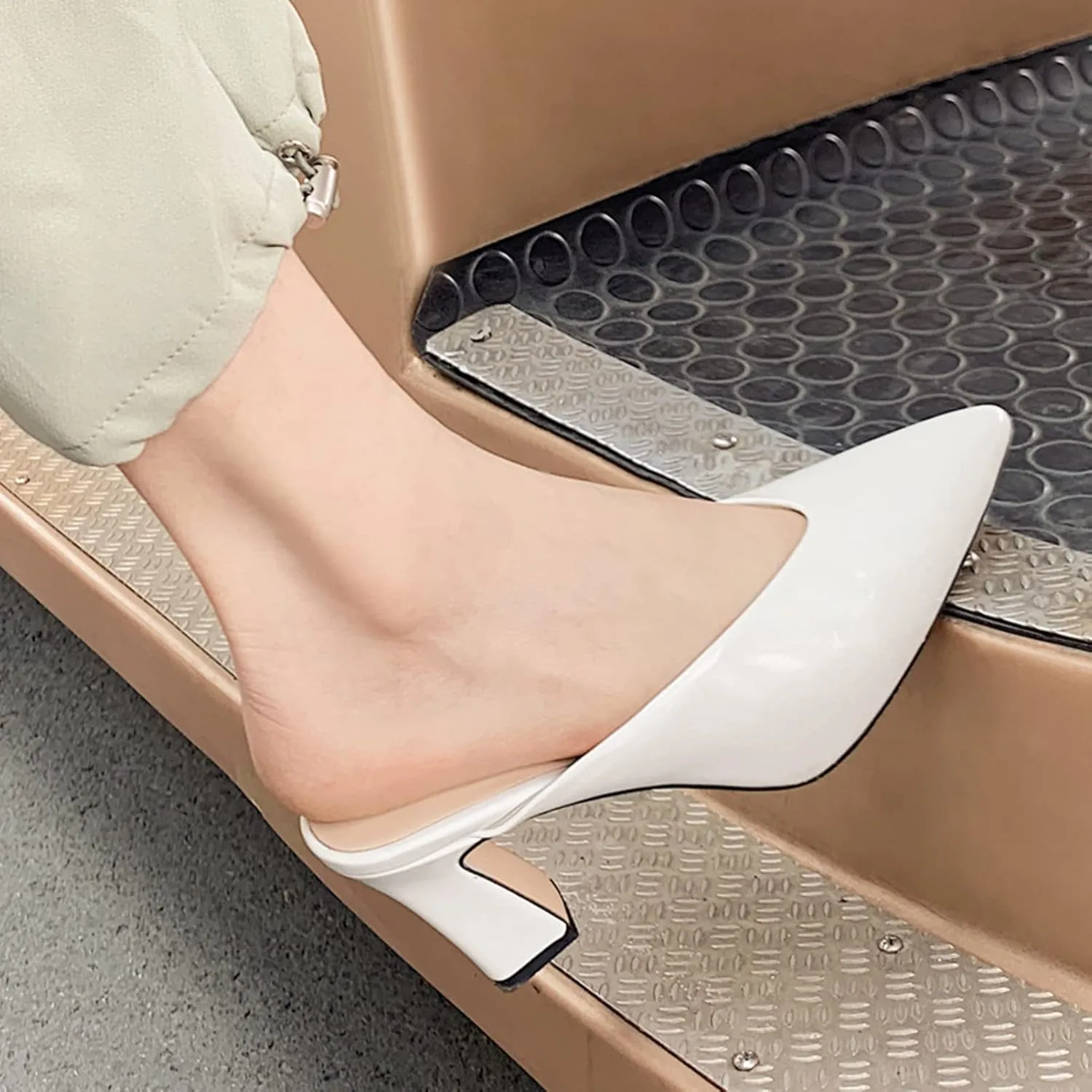 Women's V Cut Chunky High Heel Mules Patent PU Leather Backless Slip On Closed Pointed Toe Office Shoes