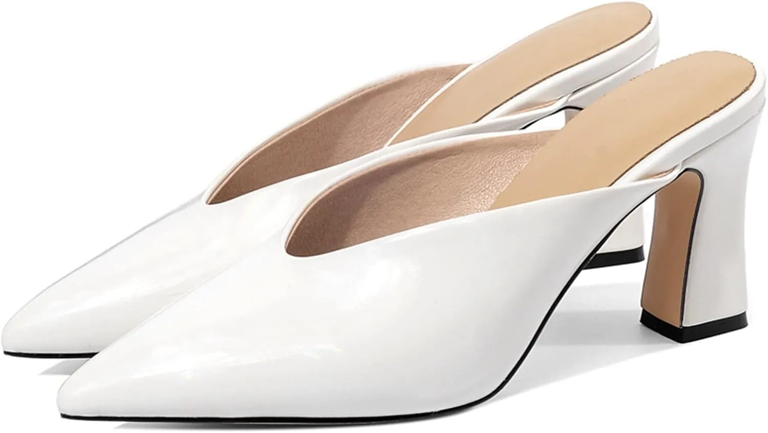 Women's V Cut Chunky High Heel Mules Patent PU Leather Backless Slip On Closed Pointed Toe Office Shoes