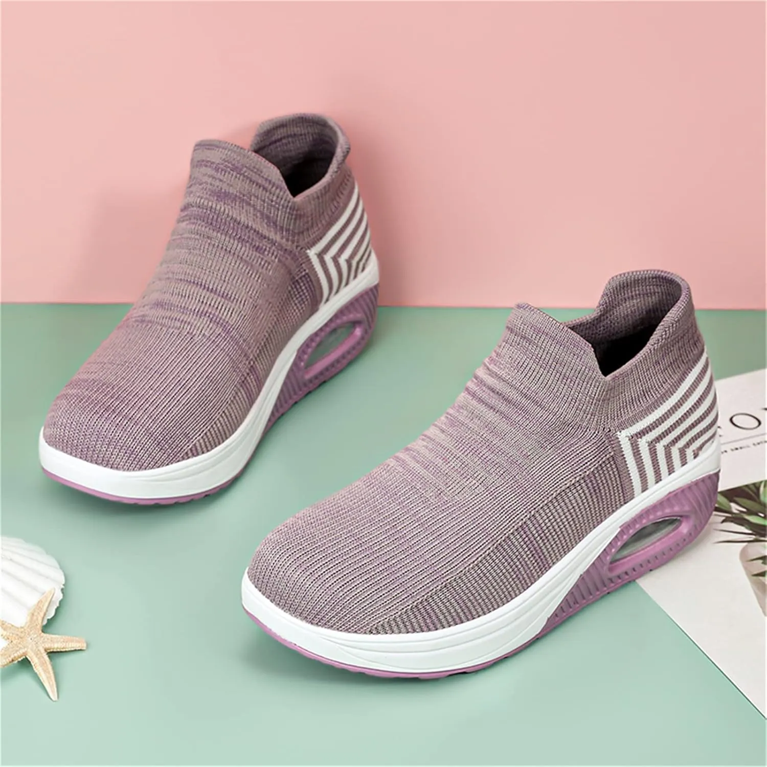 Women's Walking Shoes Socks Sneakers Breathable Mesh Slip-On Casual Shoes Thick Sole Loafers