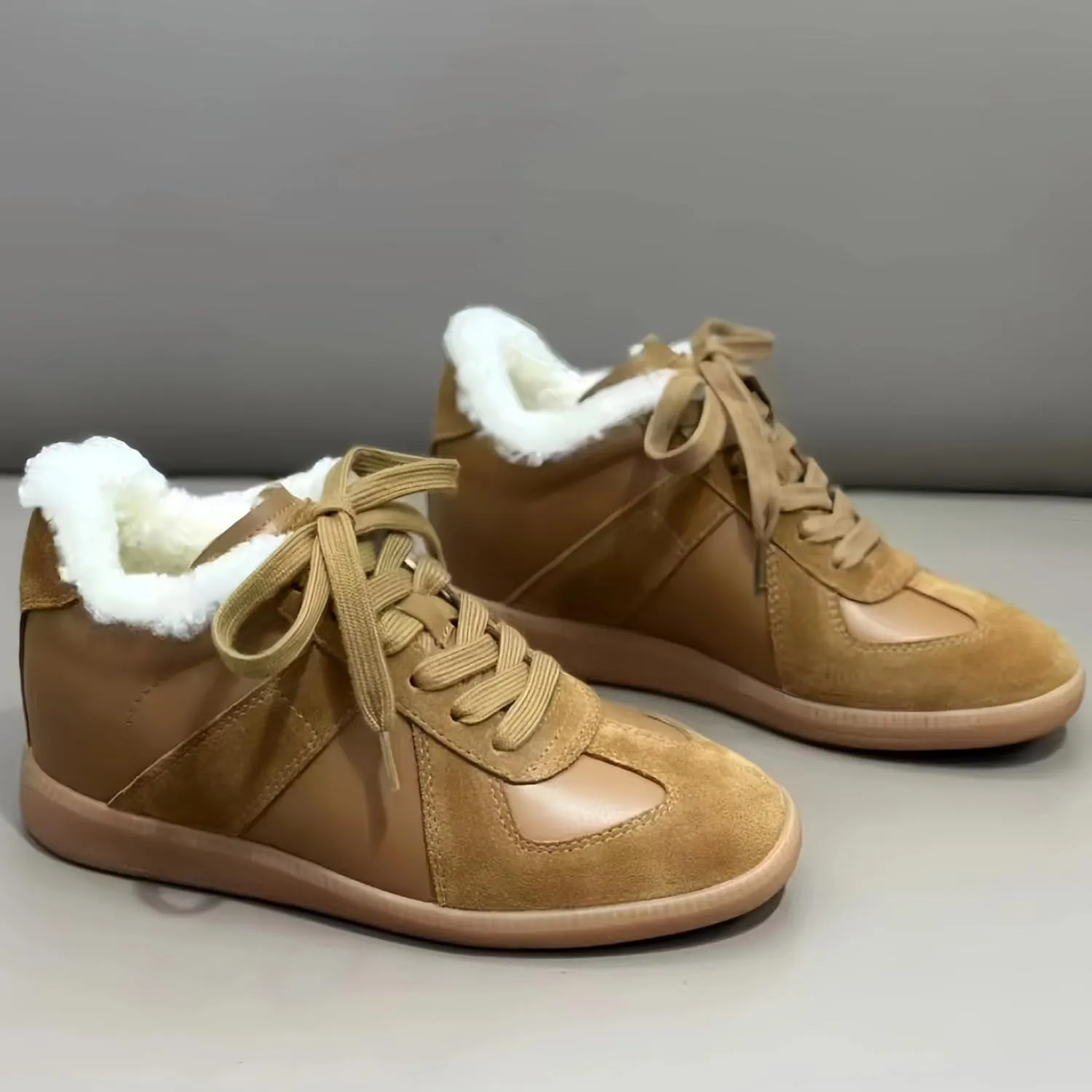 Women's Warm Winter Snow Shoes Genuine Leather German Army Trainer Style Waterproof Chunky Platforms Fashion Sneakers Comfortable Casual Women Short Fuzzy Ankle Boots Faux Fur lined