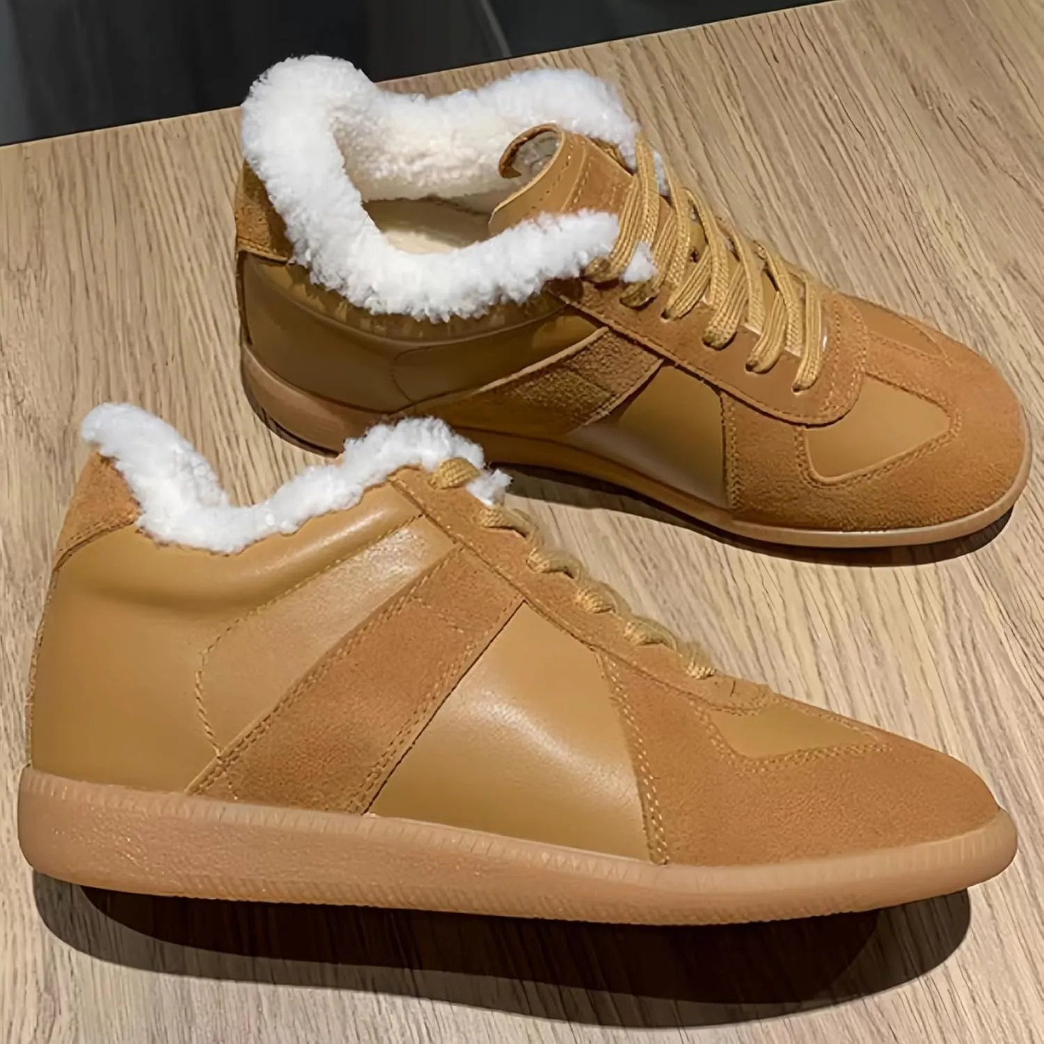 Women's Warm Winter Snow Shoes Genuine Leather German Army Trainer Style Waterproof Chunky Platforms Fashion Sneakers Comfortable Casual Women Short Fuzzy Ankle Boots Faux Fur lined