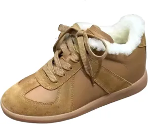 Women's Warm Winter Snow Shoes Genuine Leather German Army Trainer Style Waterproof Chunky Platforms Fashion Sneakers Comfortable Casual Women Short Fuzzy Ankle Boots Faux Fur lined
