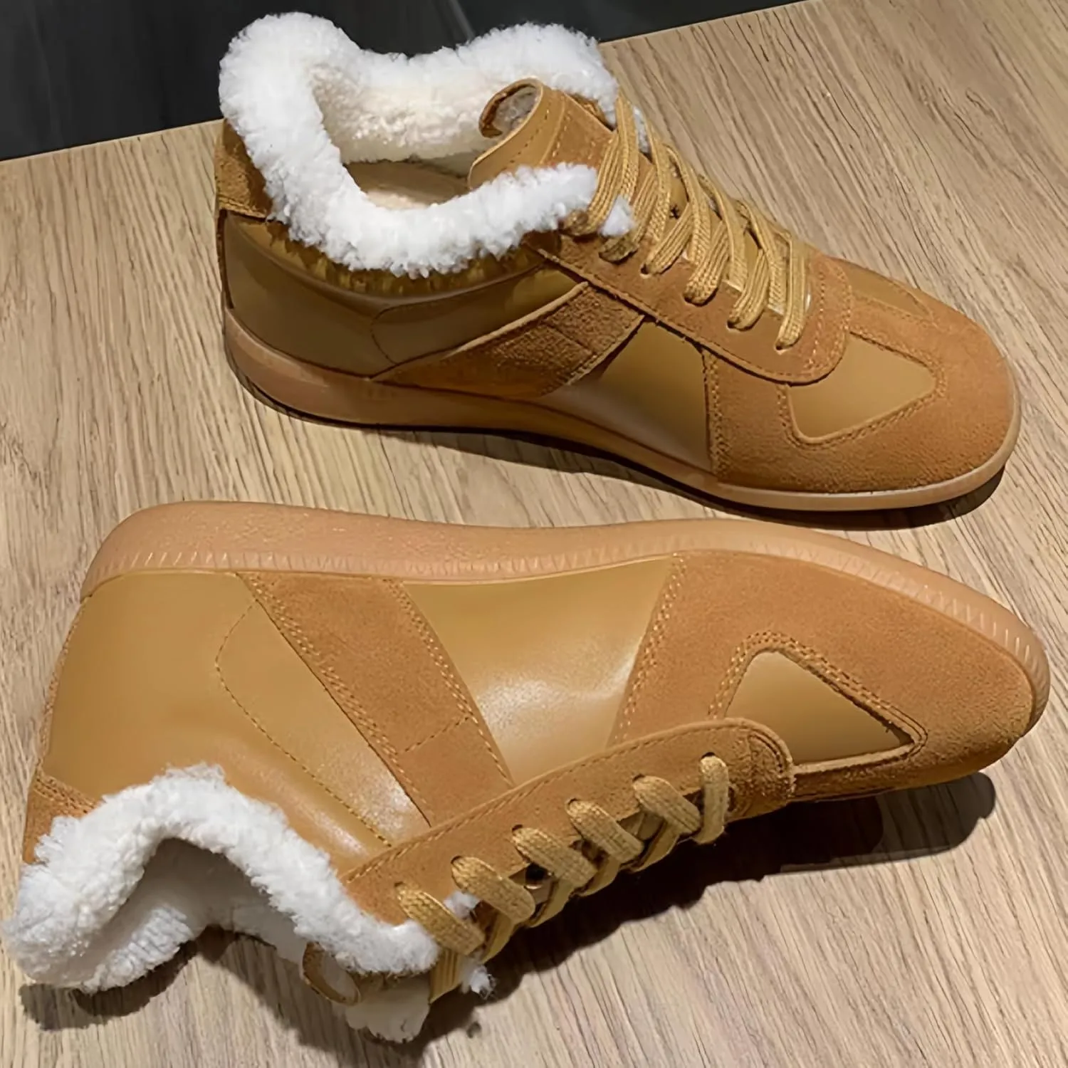 Women's Warm Winter Snow Shoes Genuine Leather German Army Trainer Style Waterproof Chunky Platforms Fashion Sneakers Comfortable Casual Women Short Fuzzy Ankle Boots Faux Fur lined