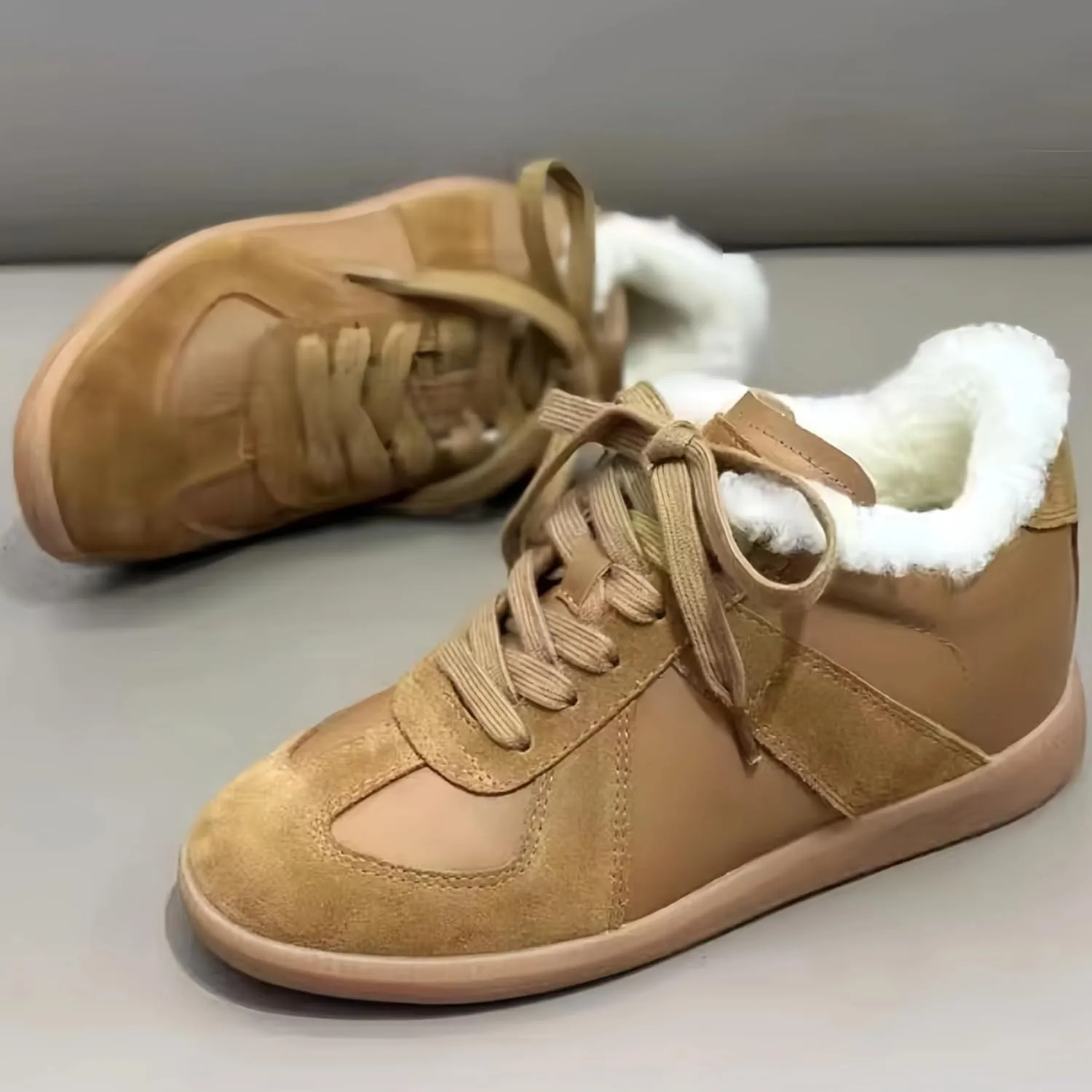 Women's Warm Winter Snow Shoes Genuine Leather German Army Trainer Style Waterproof Chunky Platforms Fashion Sneakers Comfortable Casual Women Short Fuzzy Ankle Boots Faux Fur lined