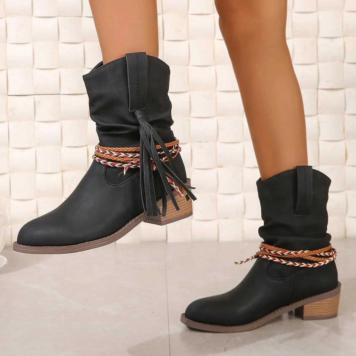 Women's Wedge Ankle Boots Braided Fringe Strap Western Heeled Fall Boots Dress Ankle Booties For Women Ladies