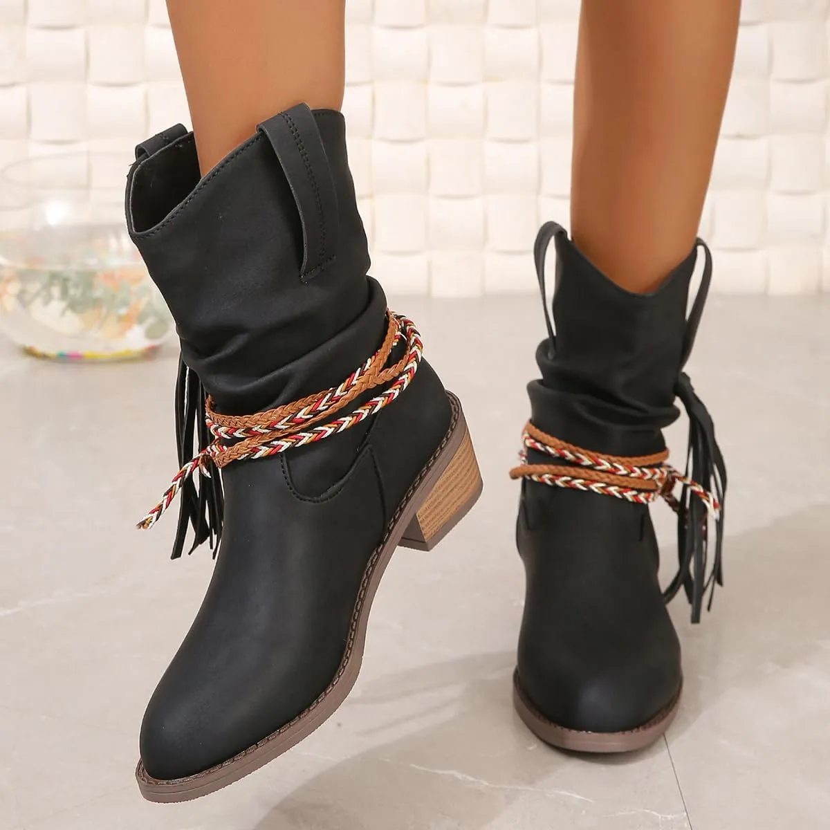 Women's Wedge Ankle Boots Braided Fringe Strap Western Heeled Fall Boots Dress Ankle Booties For Women Ladies