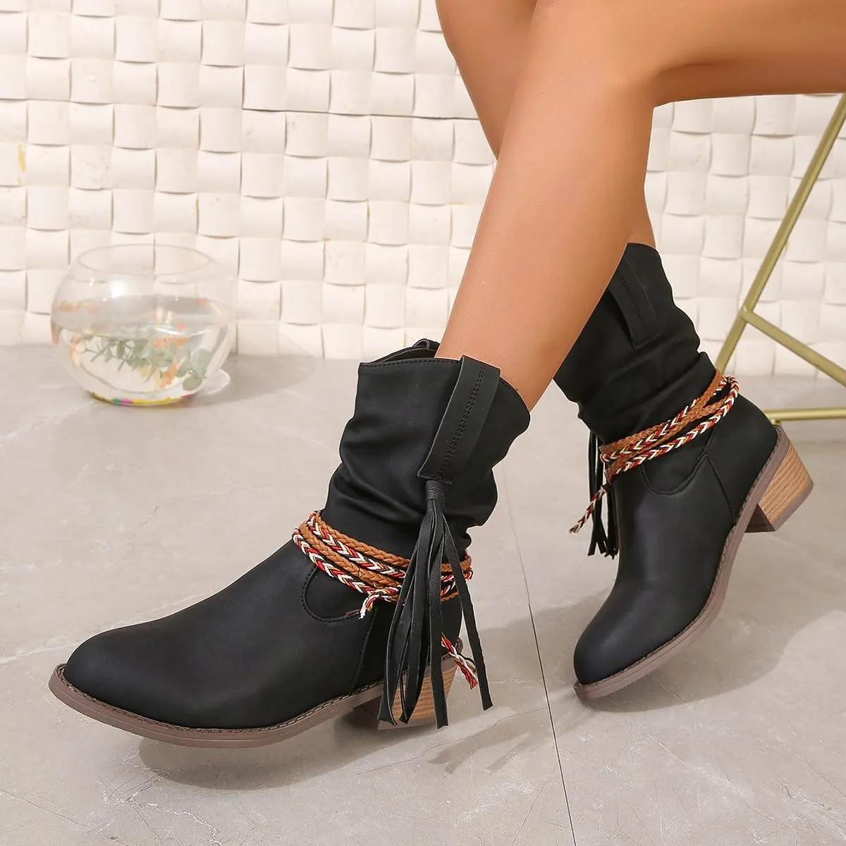 Women's Wedge Ankle Boots Braided Fringe Strap Western Heeled Fall Boots Dress Ankle Booties For Women Ladies