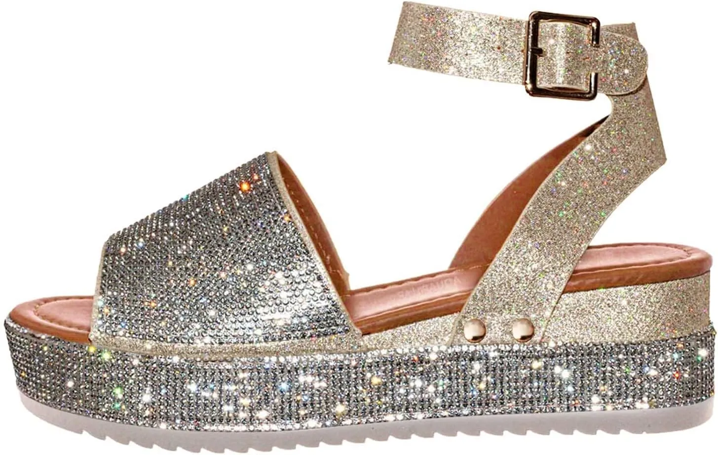Women's Wedge Sandals One Band Ankle Strap Buckle Slides Sandals Summer Open Toe Rhinestone Bling Platform Sandal Casual Breathable Beach Shoes