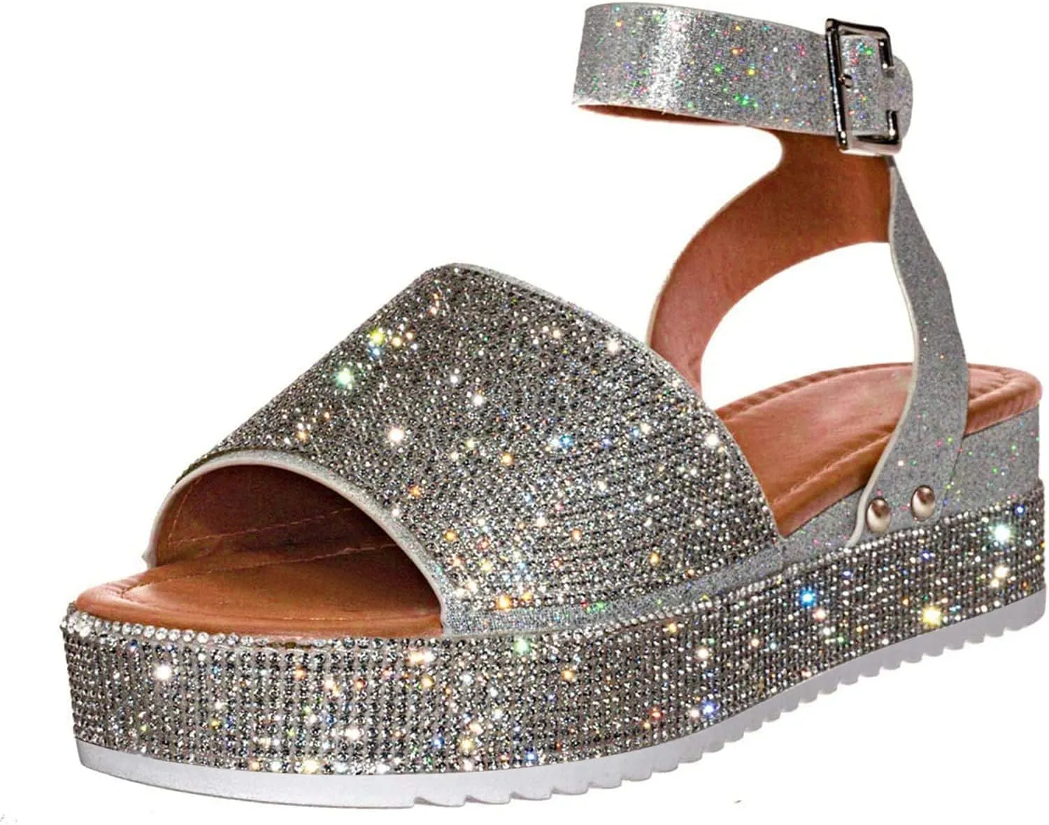 Women's Wedge Sandals One Band Ankle Strap Buckle Slides Sandals Summer Open Toe Rhinestone Bling Platform Sandal Casual Breathable Beach Shoes