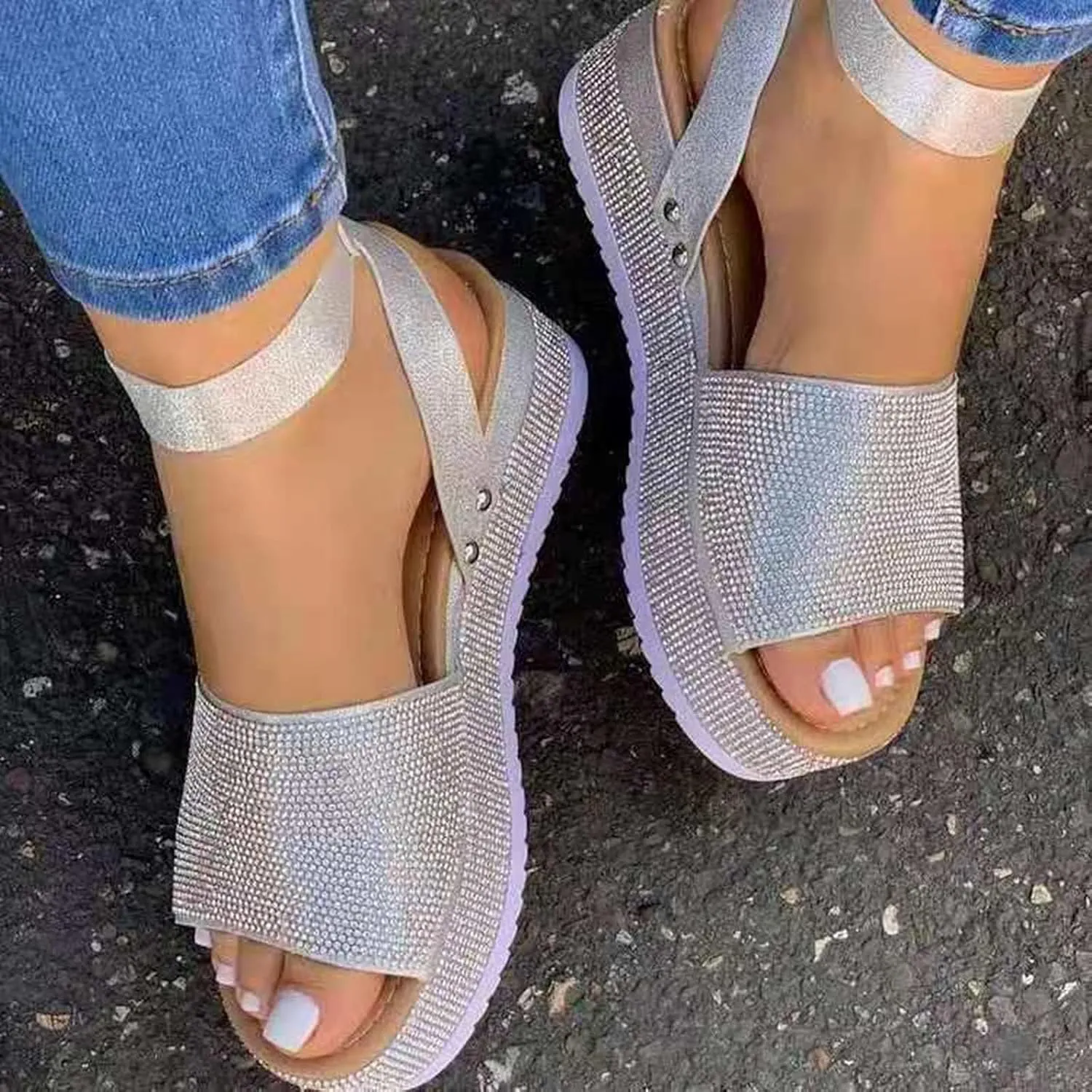 Women's Wedge Sandals One Band Ankle Strap Buckle Slides Sandals Summer Open Toe Rhinestone Bling Platform Sandal Casual Breathable Beach Shoes