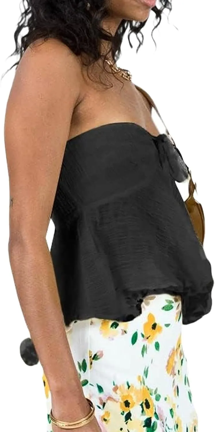 Women's Y2k Backless Tube Top Strapless Ruched Front Tie Babydoll Urban Outfitters Top Going Out Summer Casual Shirts