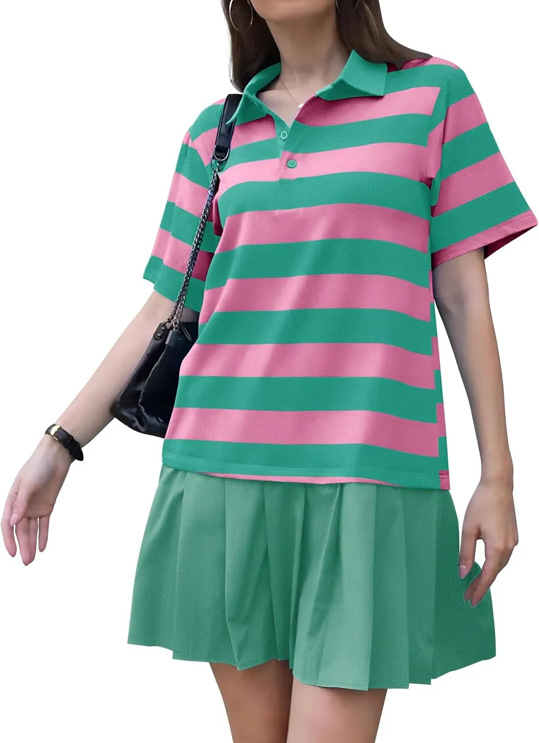 Womens Y2K Striped Mini Dress Summer Casual Short Sleeve V Neck Polo Tunic Shirt Golf Tennis Sport Tops