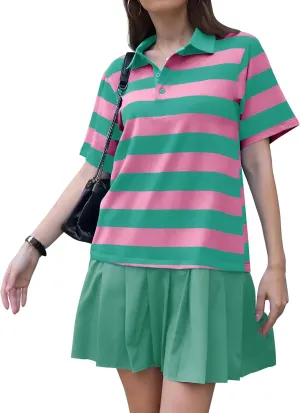 Womens Y2K Striped Mini Dress Summer Casual Short Sleeve V Neck Polo Tunic Shirt Golf Tennis Sport Tops
