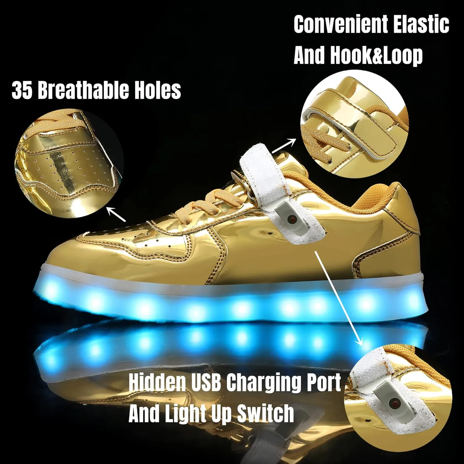 Wooowyet Kids LED Sneakers for Boys Hook&Loop Low Light Up Shoes LED Girls USB Recharging