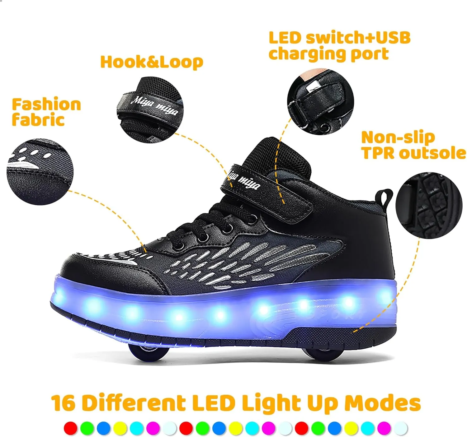 Wooowyet LED Roller Skate Shoes for Kids Boys Girls Light Up Fashion Sneakers Wheels Wheeled USB Rechargeable Hook&Loop