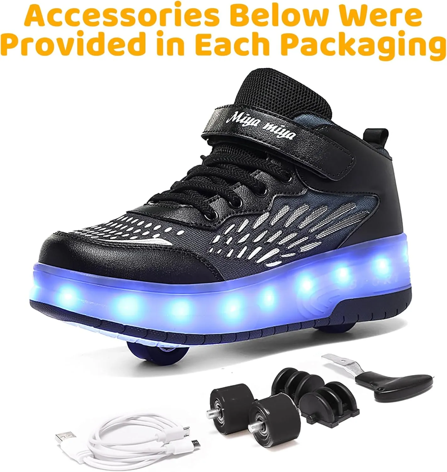 Wooowyet LED Roller Skate Shoes for Kids Boys Girls Light Up Fashion Sneakers Wheels Wheeled USB Rechargeable Hook&Loop