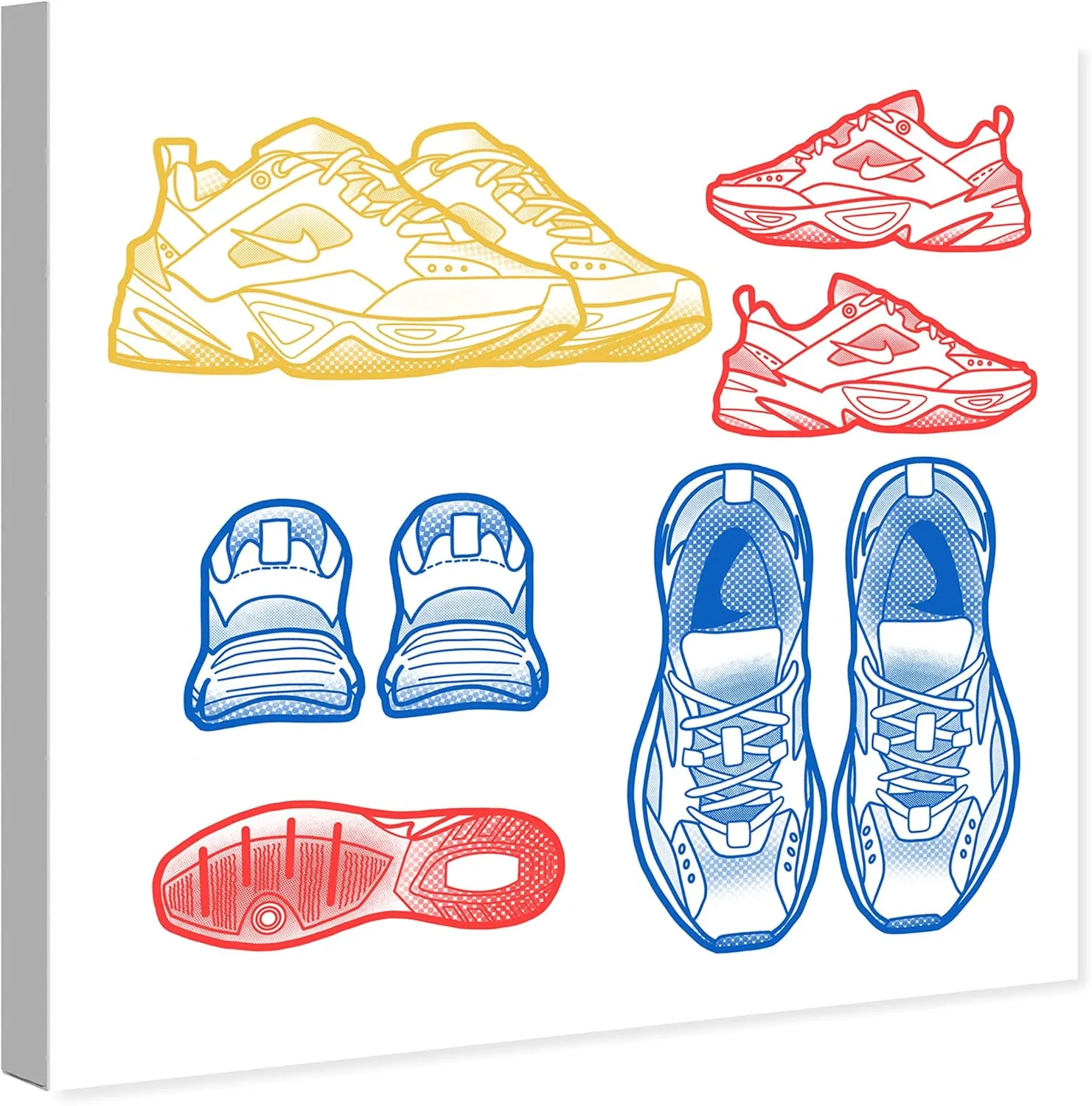 Wynwood Studio Fashion and Glam Contemporary Wrapped Canvas Art - Primary Sneakers, Wall Art for Living Room, Bedroom, and Bathroom, 30 in x 30 in, Yellow and Blue Home Decor