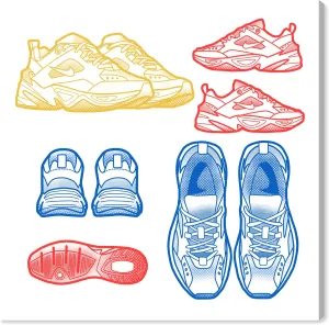 Wynwood Studio Fashion and Glam Contemporary Wrapped Canvas Art - Primary Sneakers, Wall Art for Living Room, Bedroom, and Bathroom, 30 in x 30 in, Yellow and Blue Home Decor