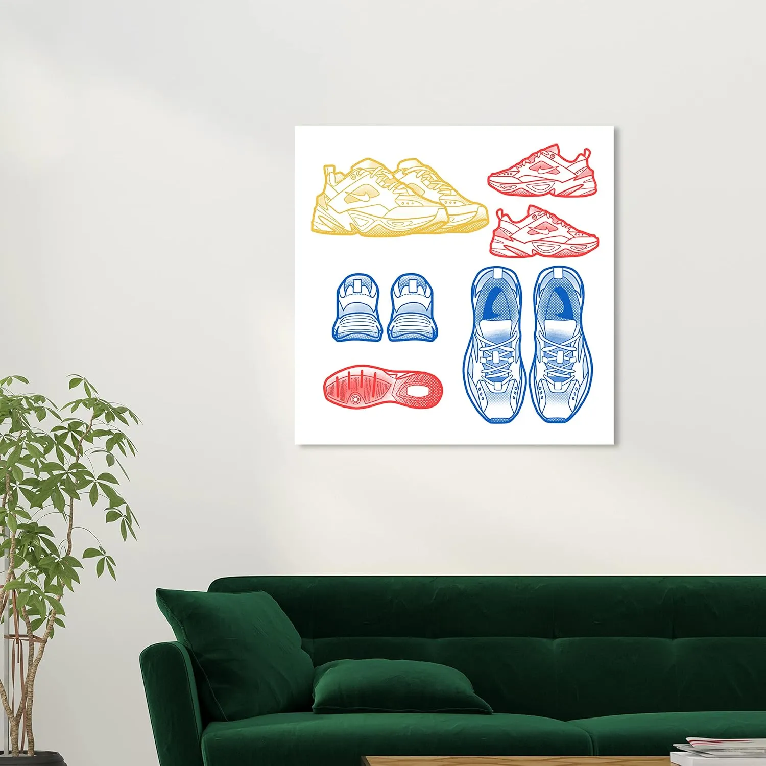 Wynwood Studio Fashion and Glam Contemporary Wrapped Canvas Art - Primary Sneakers, Wall Art for Living Room, Bedroom, and Bathroom, 30 in x 30 in, Yellow and Blue Home Decor
