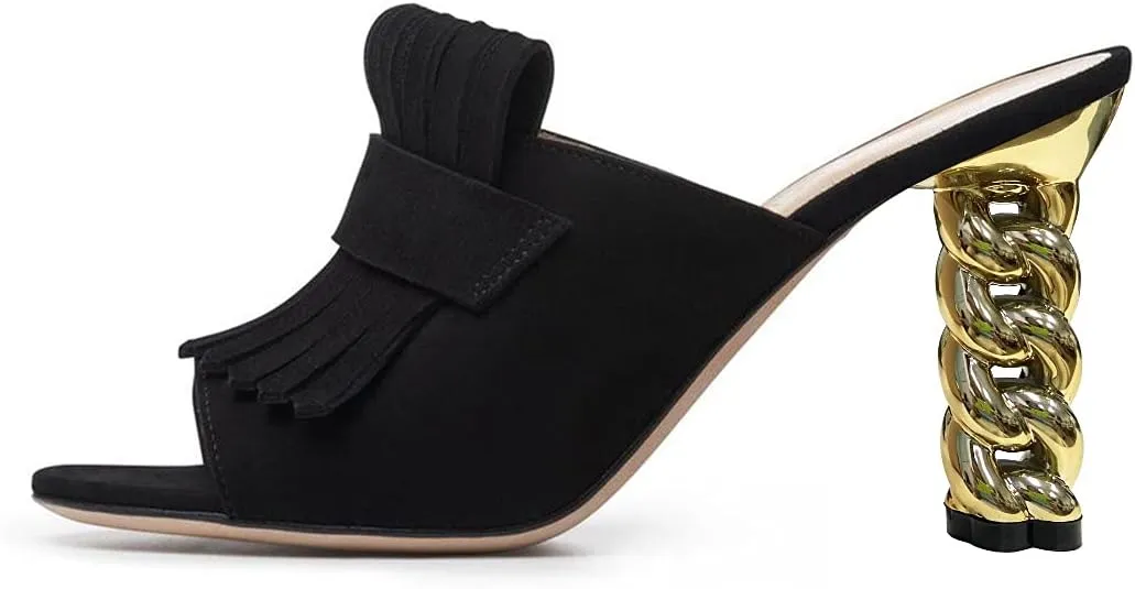 XYD Open Toe Heeled Mules with Fringe Slip On High Chunky Heels Summer Slides Sandals Holiday Casual Dress Shoes for Women