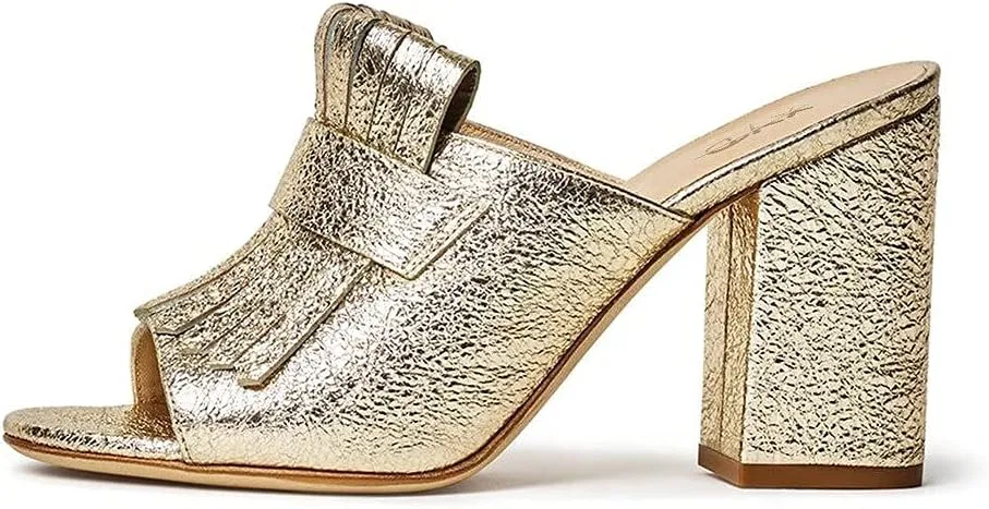 XYD Open Toe Heeled Mules with Fringe Slip On High Chunky Heels Summer Slides Sandals Holiday Casual Dress Shoes for Women