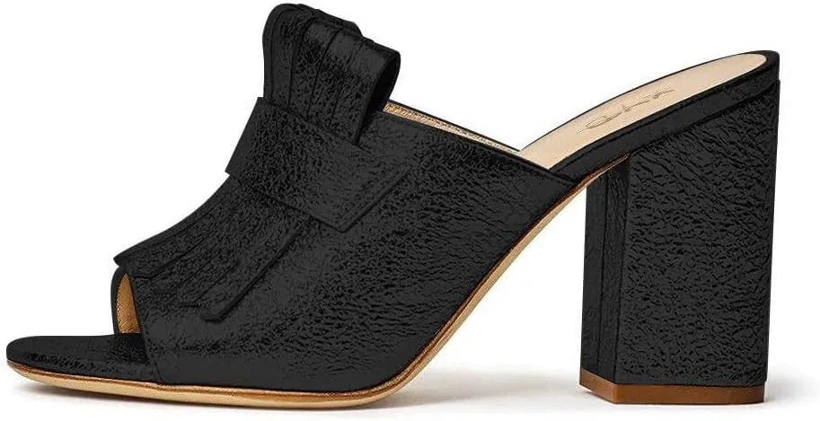 XYD Open Toe Heeled Mules with Fringe Slip On High Chunky Heels Summer Slides Sandals Holiday Casual Dress Shoes for Women