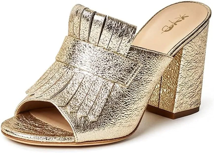 XYD Open Toe Heeled Mules with Fringe Slip On High Chunky Heels Summer Slides Sandals Holiday Casual Dress Shoes for Women