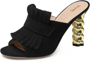 XYD Open Toe Heeled Mules with Fringe Slip On High Chunky Heels Summer Slides Sandals Holiday Casual Dress Shoes for Women