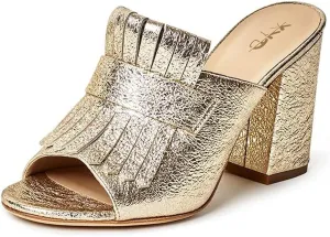 XYD Open Toe Heeled Mules with Fringe Slip On High Chunky Heels Summer Slides Sandals Holiday Casual Dress Shoes for Women