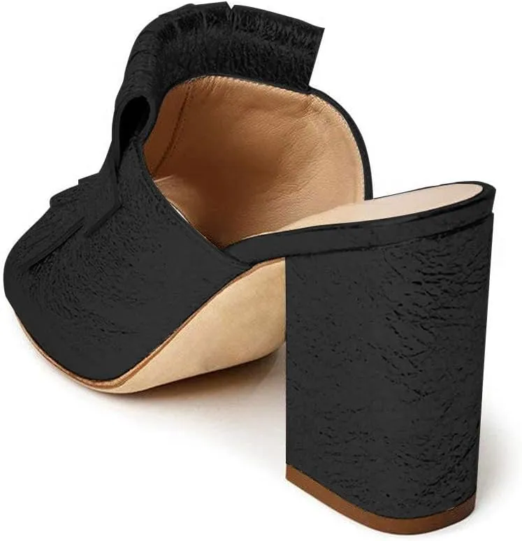 XYD Open Toe Heeled Mules with Fringe Slip On High Chunky Heels Summer Slides Sandals Holiday Casual Dress Shoes for Women