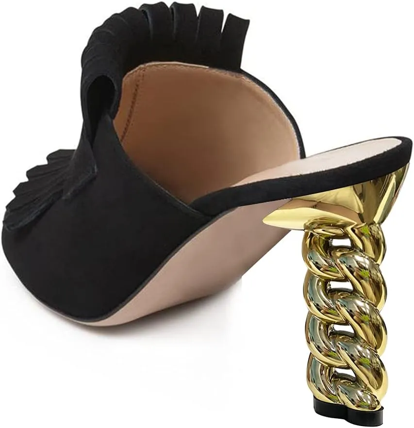XYD Open Toe Heeled Mules with Fringe Slip On High Chunky Heels Summer Slides Sandals Holiday Casual Dress Shoes for Women