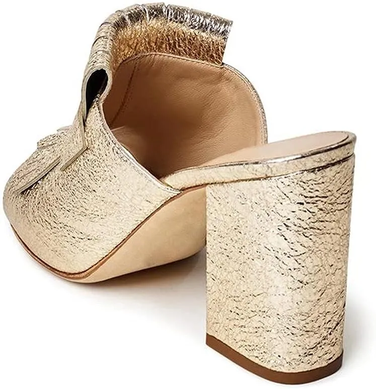 XYD Open Toe Heeled Mules with Fringe Slip On High Chunky Heels Summer Slides Sandals Holiday Casual Dress Shoes for Women