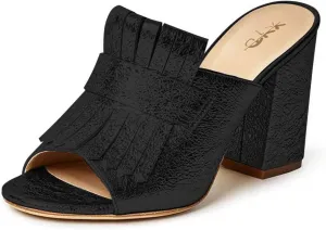 XYD Open Toe Heeled Mules with Fringe Slip On High Chunky Heels Summer Slides Sandals Holiday Casual Dress Shoes for Women
