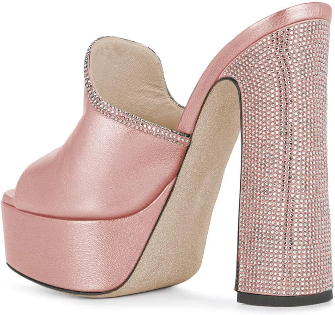 XYD Women Comfortable Peep Toe High Chunky Heel Mules Platform Leather Slide Sandals with Crystal Studs Shoes