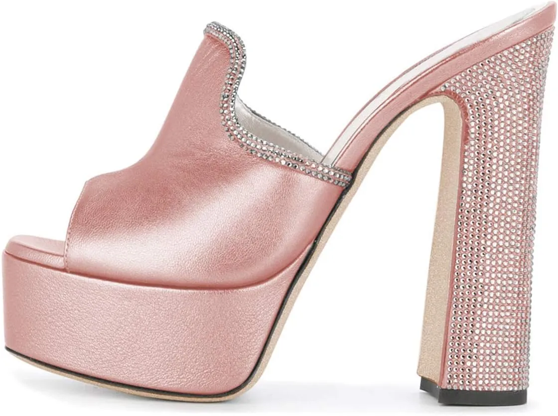 XYD Women Comfortable Peep Toe High Chunky Heel Mules Platform Leather Slide Sandals with Crystal Studs Shoes