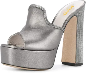 XYD Women Comfortable Peep Toe High Chunky Heel Mules Platform Leather Slide Sandals with Crystal Studs Shoes