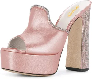 XYD Women Comfortable Peep Toe High Chunky Heel Mules Platform Leather Slide Sandals with Crystal Studs Shoes
