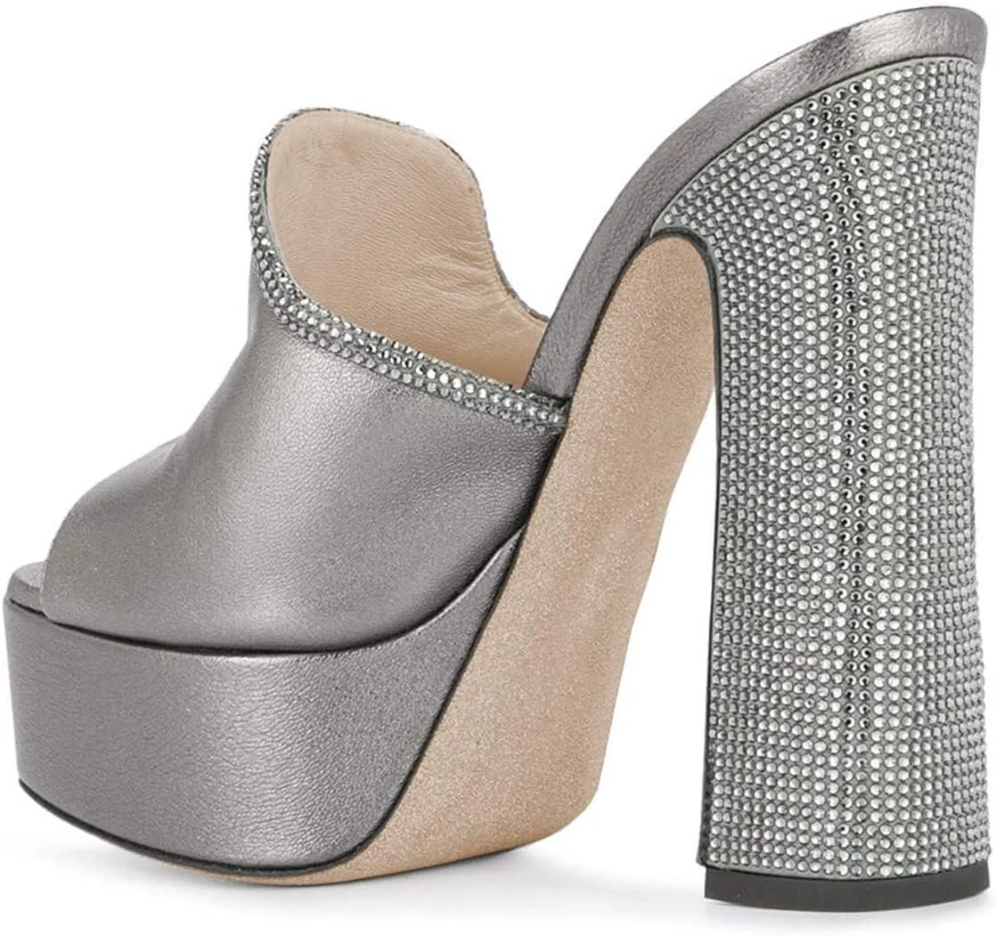 XYD Women Comfortable Peep Toe High Chunky Heel Mules Platform Leather Slide Sandals with Crystal Studs Shoes