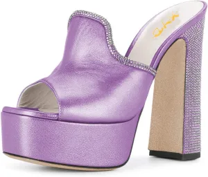 XYD Women Comfortable Peep Toe High Chunky Heel Mules Platform Leather Slide Sandals with Crystal Studs Shoes