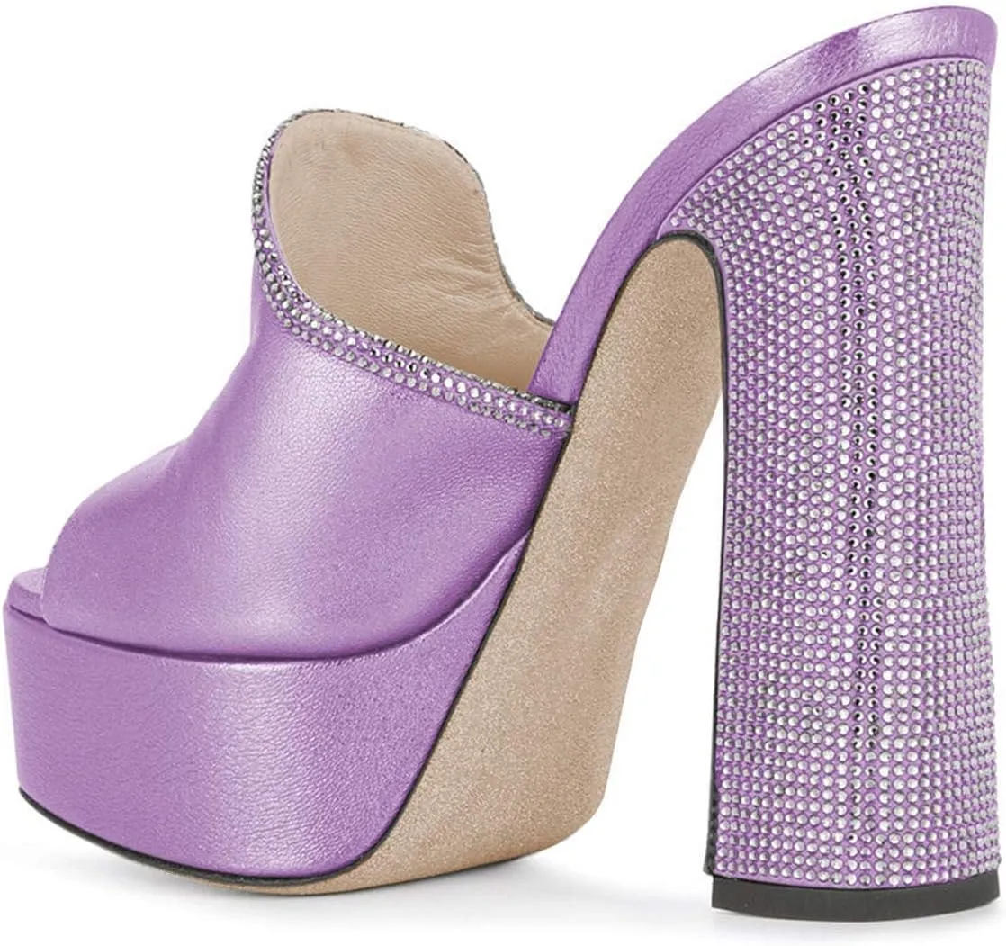 XYD Women Comfortable Peep Toe High Chunky Heel Mules Platform Leather Slide Sandals with Crystal Studs Shoes