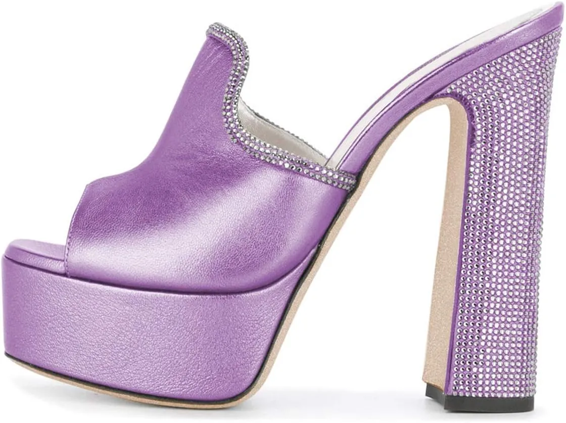 XYD Women Comfortable Peep Toe High Chunky Heel Mules Platform Leather Slide Sandals with Crystal Studs Shoes