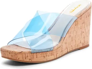 XYD Women Comfy Platform High Heel Sandals Clear Crisscross Strappy Cork Wedges Peep Toe Slip on Dress Vacation Shopping Mules