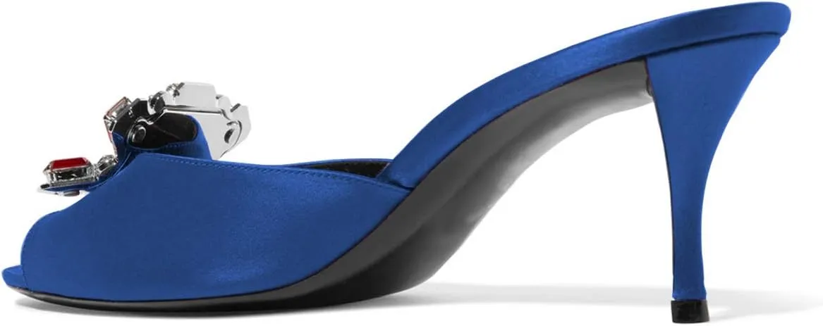 XYD Women Crystal Jeweled Satin Dress Mules Pumps Peep Toe Thin High Heels Prom Slide Sandals