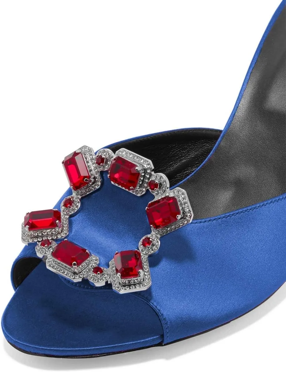 XYD Women Crystal Jeweled Satin Dress Mules Pumps Peep Toe Thin High Heels Prom Slide Sandals