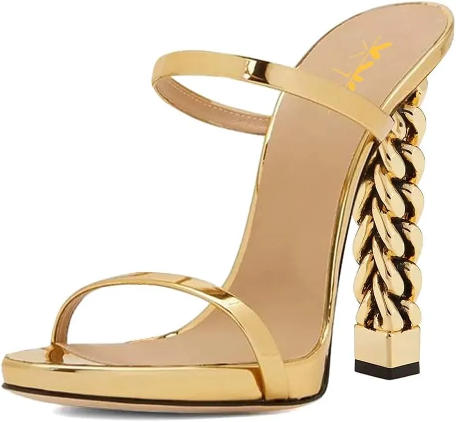 XYD Women Double Straps Slides Sandals Open Toe Golden Block Heel Platform Backless Mules Pumps for Lady Party Evening