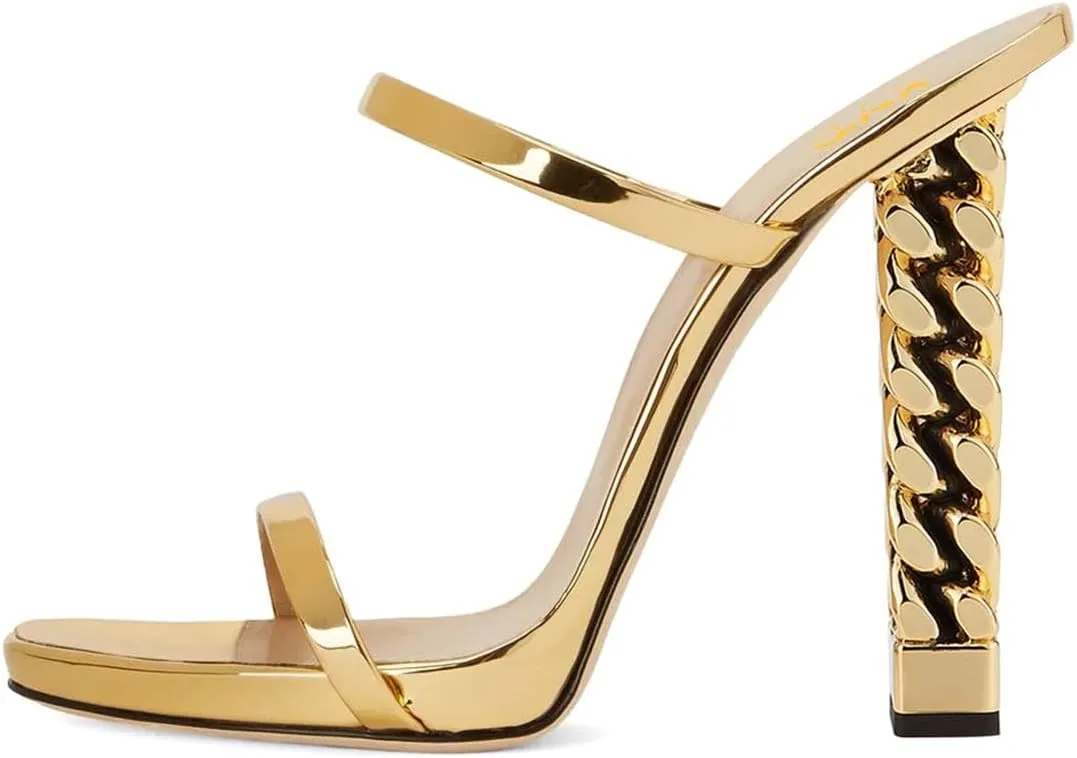 XYD Women Double Straps Slides Sandals Open Toe Golden Block Heel Platform Backless Mules Pumps for Lady Party Evening
