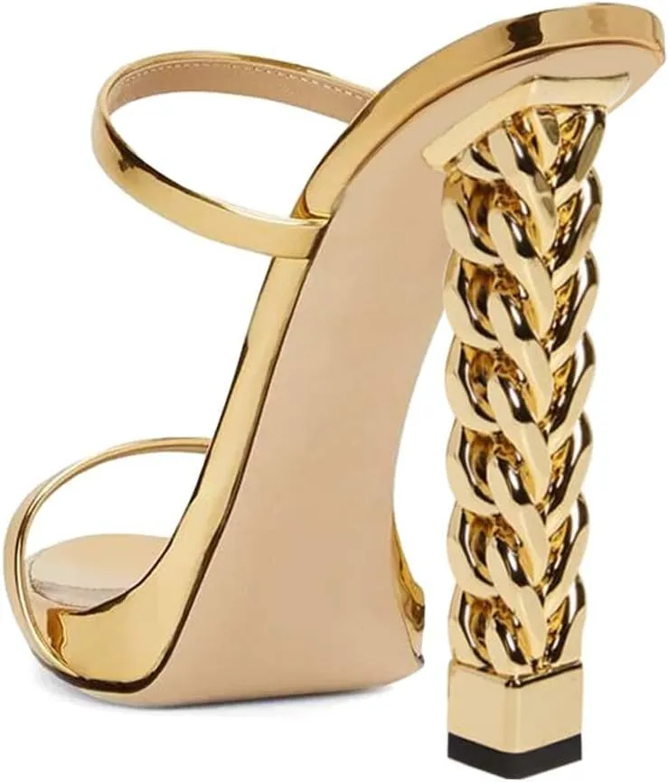 XYD Women Double Straps Slides Sandals Open Toe Golden Block Heel Platform Backless Mules Pumps for Lady Party Evening