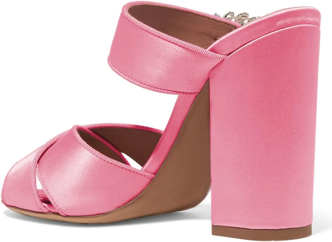 XYD Women Peep Toe Chunky High Heels Slide Sandals Satin Mules Pumps with Rhinestones Buckle