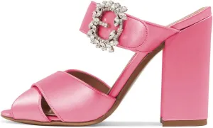 XYD Women Peep Toe Chunky High Heels Slide Sandals Satin Mules Pumps with Rhinestones Buckle