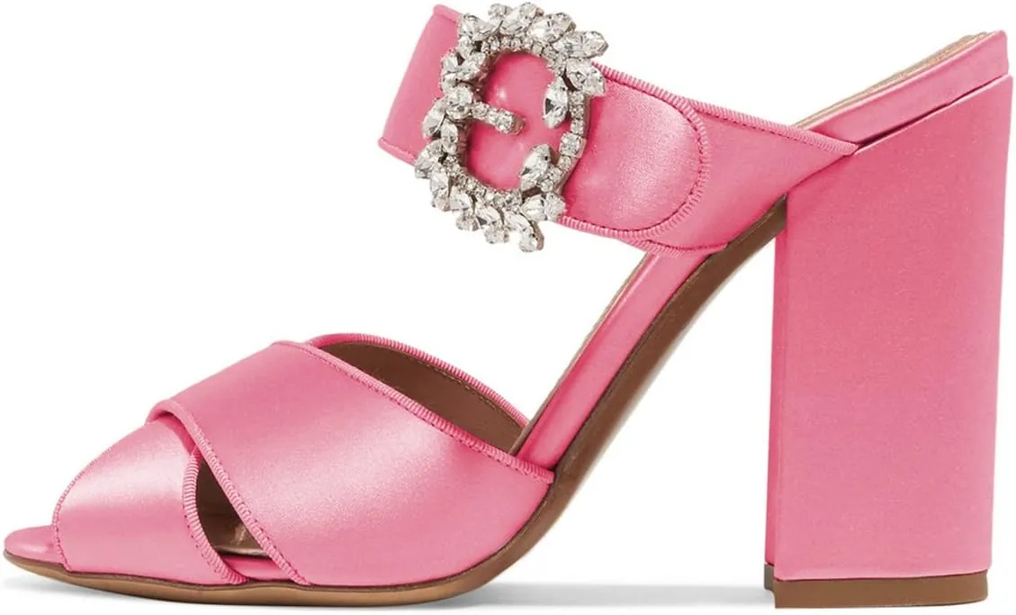 XYD Women Peep Toe Chunky High Heels Slide Sandals Satin Mules Pumps with Rhinestones Buckle
